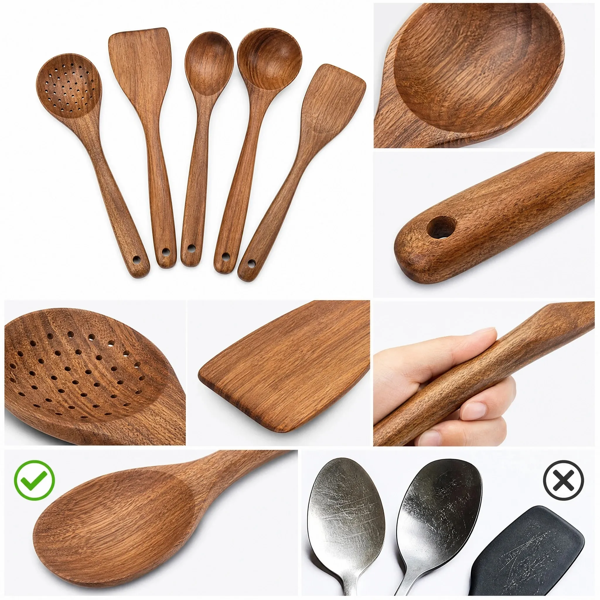5pcs Wooden Utensil Set with Hanging Holes Food Grade Spoons and Spatula 24-33.7cm Non-Toxic Smooth Kitchen Tools for Cooking