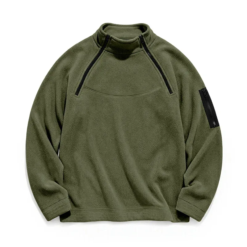 Men Fleece Stand Collar Sweatshirt Diagonal Zipper Arm Pocket Long Sleeve Loose Casual Pullover Autumn Winter Outdoor Tops