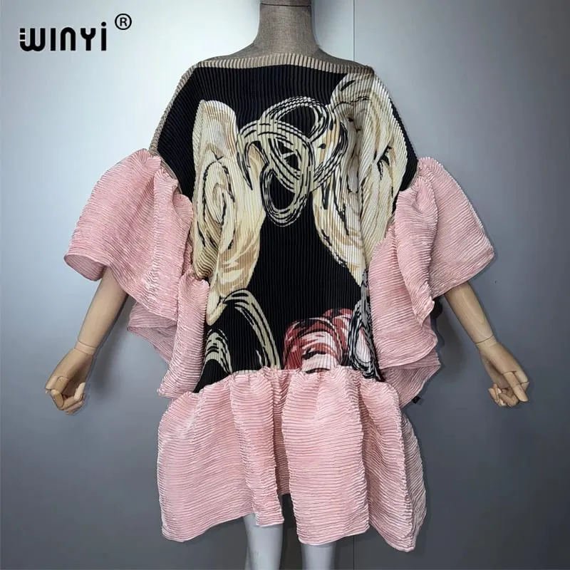 Women's Pleated Elastic Casual Short Dress Beach Cover up Kaftan Abaya Dubai Luxury Evening Wear Muslim Fashion