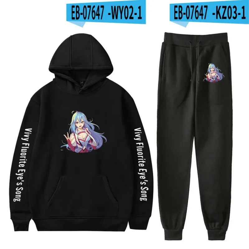 Harajuku Comfortable Vivy Fluorite Eye's Song Print Sweatshirt Sweatpants Hoodies+ Trousers Suit Boys/Girls 2 Piece Set Clothes