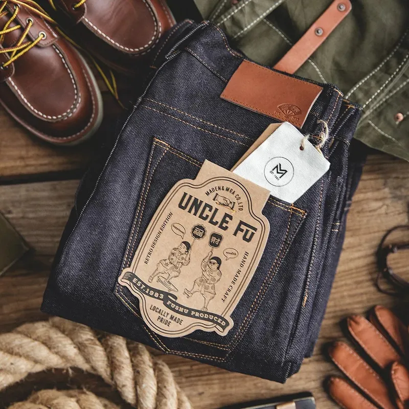 Maden retro 11.6oz algodão ourela jeans cru cônico ajuste regular jeans com zíper voar calças masculinas versáteis de alta qualidade