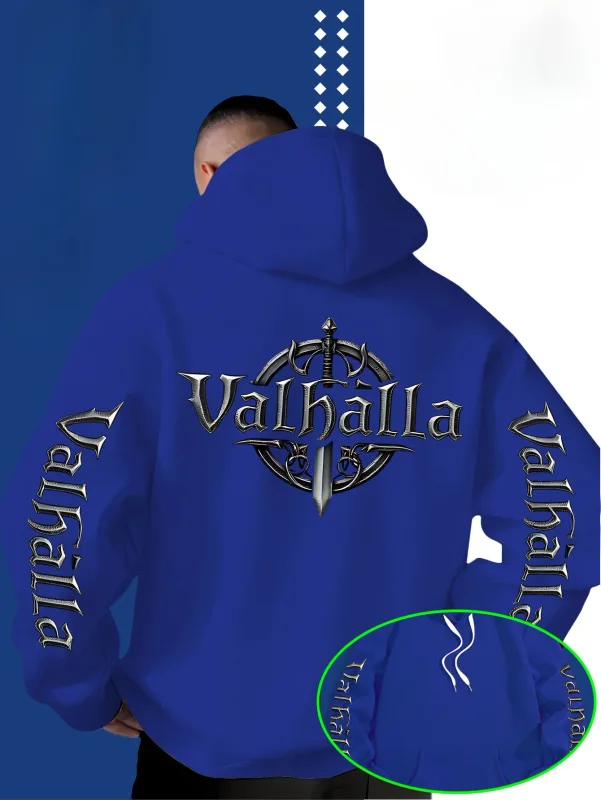 Street Style Loose Viking Valhalla Sword-Shaped Logo Printed Hooded Sweatshirt for Men, Suitable for Autumn and Winter.