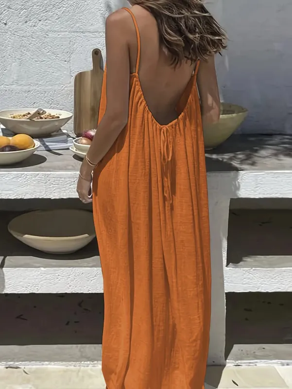 Vestido cami feminino de cor sólida sem costas com tiras vestido de salão aberto nas costas comprimento maxi com ajuste relaxado confortável para casa