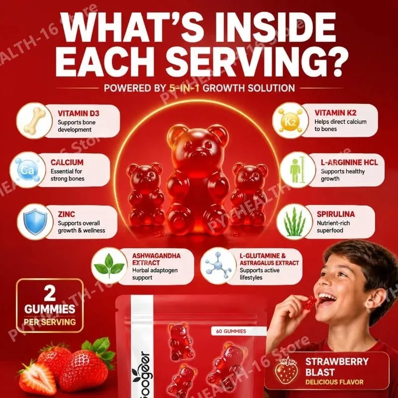 Googeer 5-IN-1 Growth Solution Gummies สำหรับการพัฒนากระดูกและส่วนสูงวิตามิน D3 K2 แคลเซียม Strawberry Blast 60 Gummies