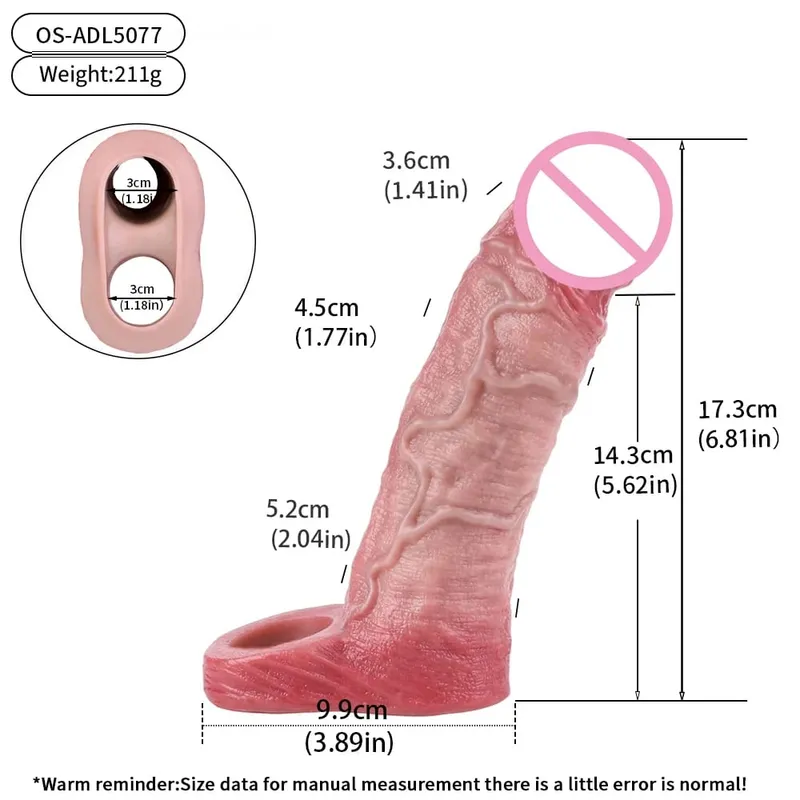 Reusable Penis Sleeve with Realistic Closed Head And Cock Ring Dick Enlargement Comdom Delay Ejaculation Sex Toys for Men