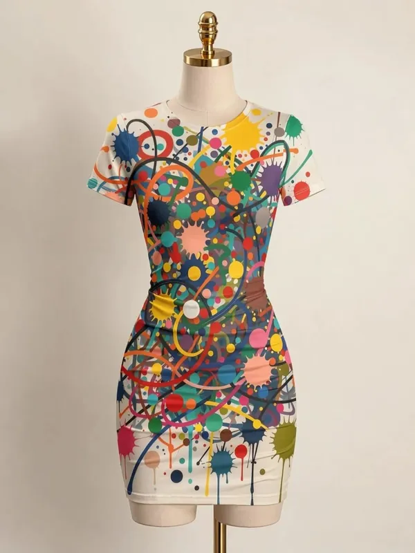 Kortærmet Dame Bodycon Minikjole Slim Fit Rundhals Blomsterprint Afslappet sommerfest Let flatterende festsolkjole