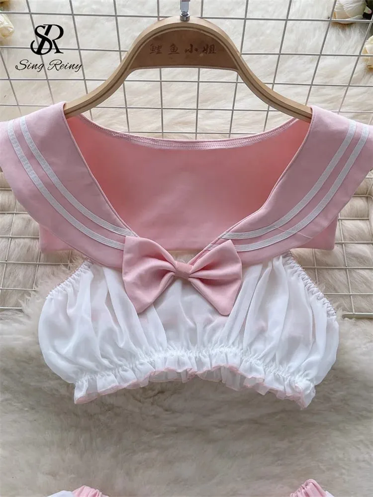 Bow Sheer Japan Style Erotiska kostymer Damunderkläder Marinblå krage Ärmlösa toppar+chiffongtrosor Söta sexiga underkläder