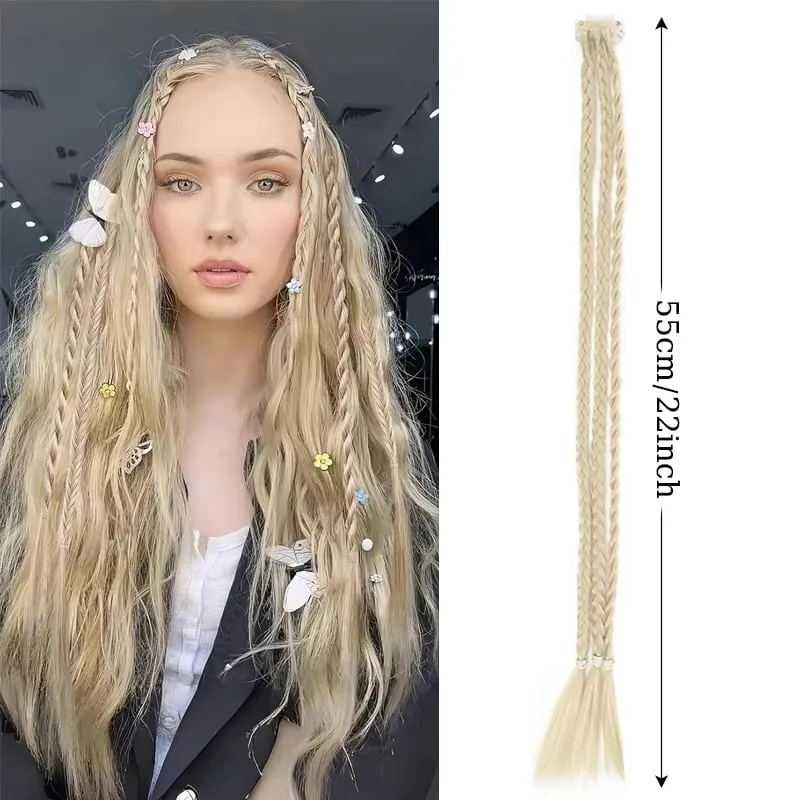 1Pc Clip in Braid Hair Extensions Wig 22inch Synthetic Braided Hairpiece 3 Braids on One Clip for Women Daily Costume Party Use