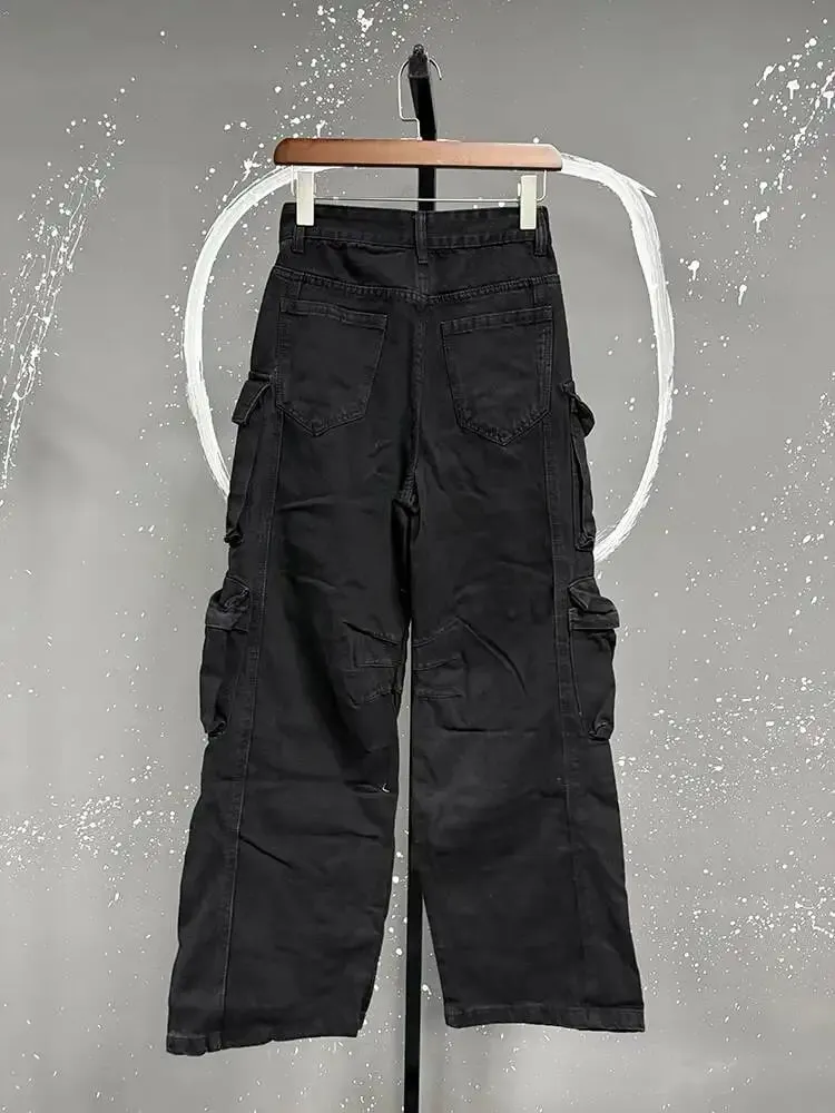American Style Men Denim Pants Solid Color Multi-pocket Cargo Trousers Straight Wide Leg Loose Male Jeans Menswear 24K3020