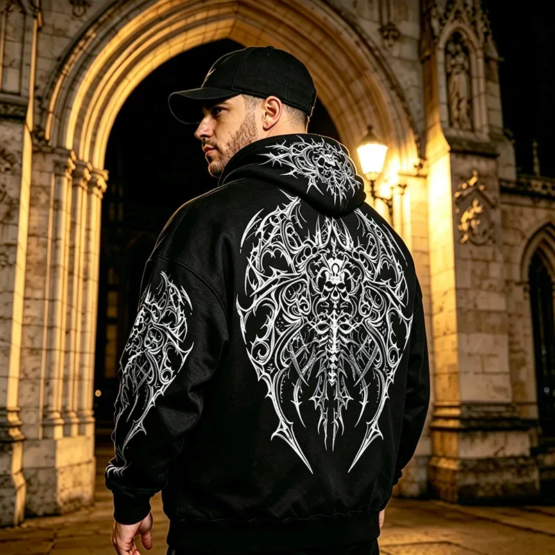 Men Alt Gothic Zip Up Hoodie Y2k High Street American Style Dark Thorn Print Fleece Lined Loose Biker Fall Winter Sweatshirt