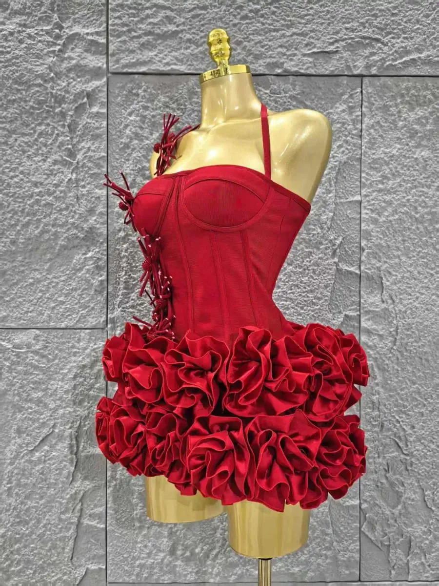 Elegant Skinny Luxury Birthday Party Red Black Bandage Outfit Women Sexy Halter Prom Gown Celebrity Club Two Piece Set Cocktail