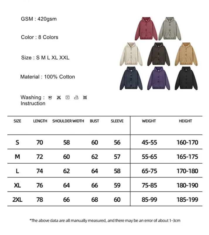 Retro Autumn Batik Washed Zipper Hoodie For Men Unisex Oversized Distressed 420gsm Terry 100% Cotton Hooded Coats HY0936