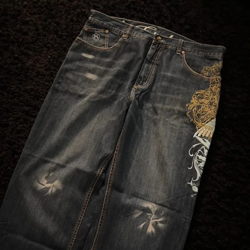 Fashion high street new pattern embroidered men jeans Y2K Gothic Harajuku hip-hop straight high waist wide leg pants — image 5