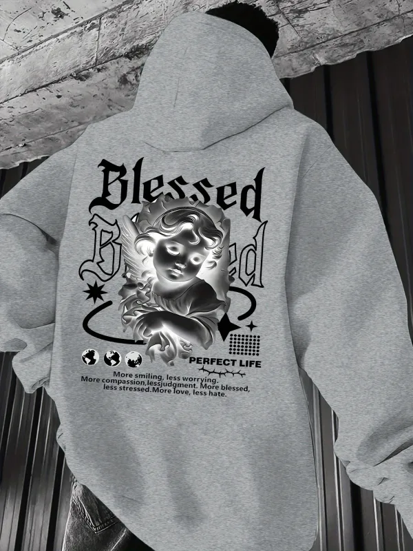 Men's Aesthetic Angel Hoodie Hip Hop Sports Streetwear Blessed Vintage Cherub Print Casual Loose Pullover Sweatshirt Tops