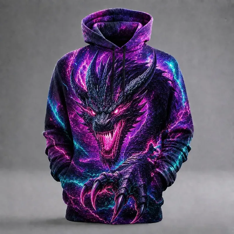 Men's Ice Dragon 3D Printed Hoodie Fantasy Dragon Graphic Lightning Ice Print Sweatshirt Long Sleeve Casual Streetwear