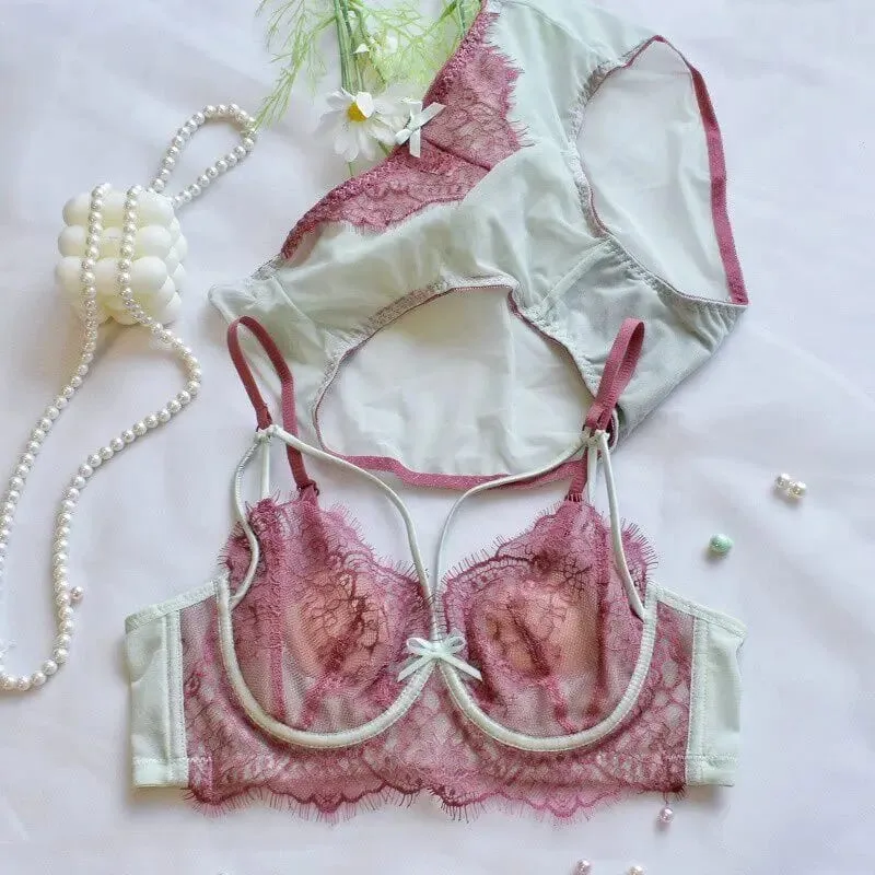 Korean Hot Trend Pure Desire Lace Bra Set Underwire Thin Cup Push Up Large Bust Visually Small Anti Droop Lingerie 32-38 Hot