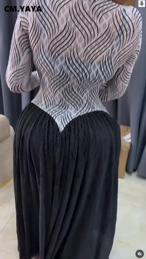 CM.YAYA Women V-neck Long Sleeve Big Swing Striped Print Long Dress 2026 Sexy Parties Evening Vacation Long Dresses Vestidos