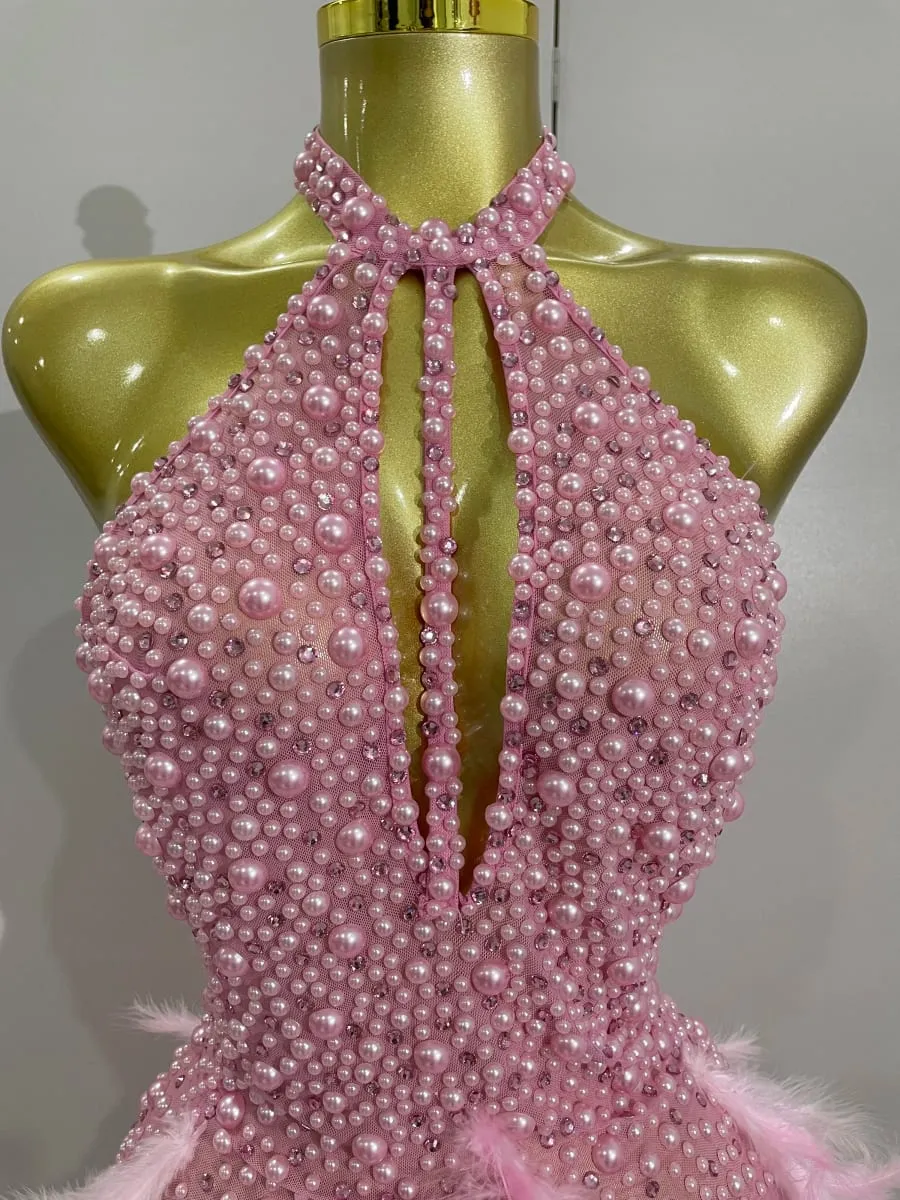 Women Luxury Rhinestones Pearls Feathers Halter Backless Short Dress Women Sexy Celebrate Birthday Dress Nightclub Stage Costume