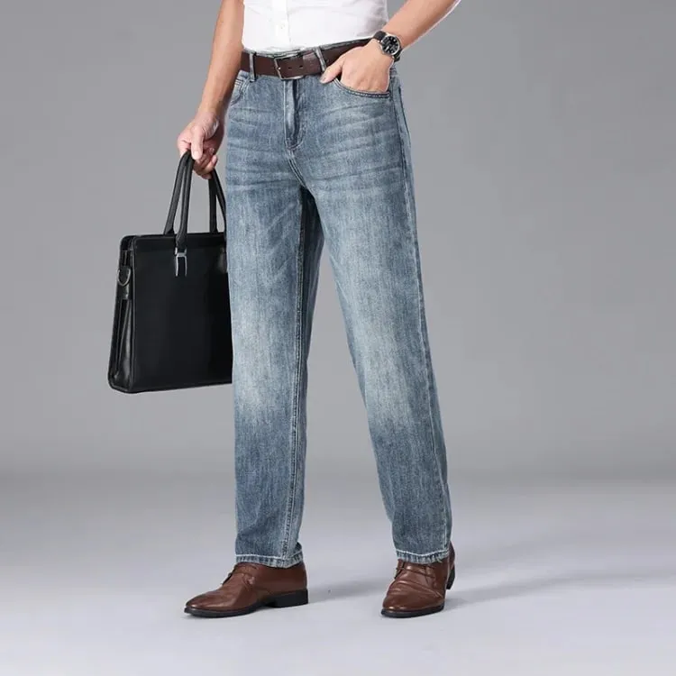 2026 Summer High Quality Brand Cloth Business Casual Men's Lightweight Straight Loose Jeans Classic Retro Thin Cotton Trousers