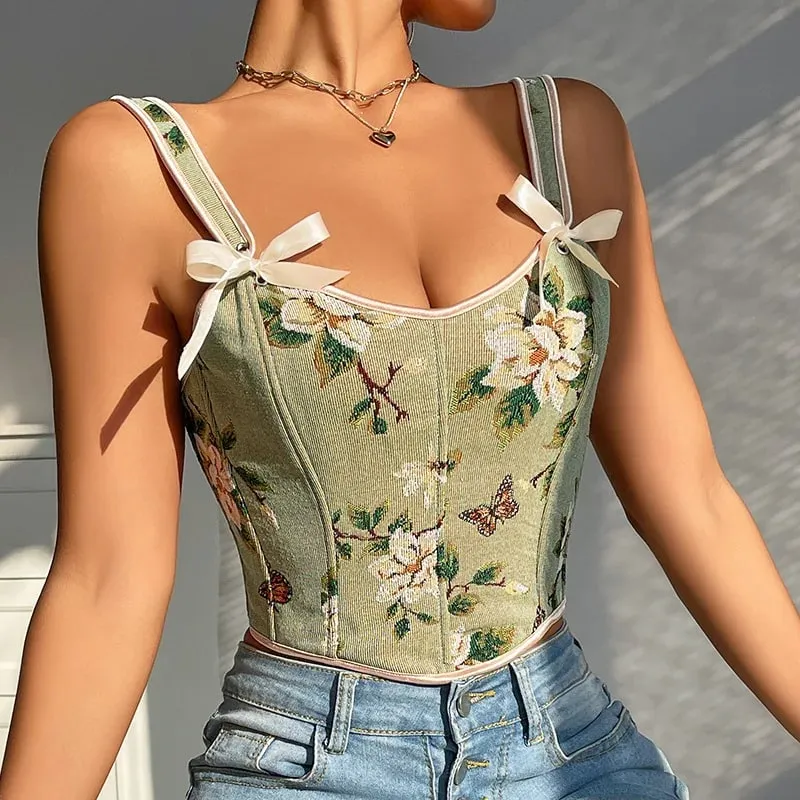 Sexy French Floral Print Bra Top Retro Double Strap Chest Support Body Shapewear Vintage Corset