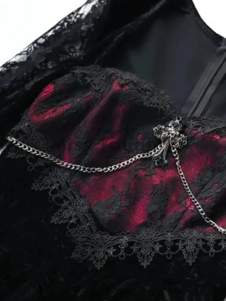 Zomer Gothic Grunge Y2k Kanten Jurk Vrouwen Donkere Academia Sexy Slanke Feestjurken Koreaanse Fashion Design Festival Lange Prom Jurk