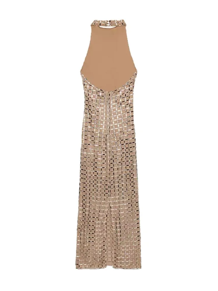 Halter Sequined Midi Dress Women Sexy Turtleneck Sleeveless Backless Waist Cinching Party Evening Dresses Chic Office Lady Robes