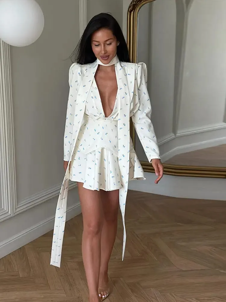 Elegant Printed Women's Dress Long Sleeve V-Neck Lady Mini Dresses With Waist-Tape 2026 Summer Chic Female Vacation Holiday Robe