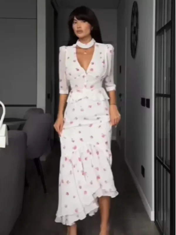 White Pink Floral Choker Neck Dress Women Elegant V-neck 3/4 Sleeves Peplum Ruffle Hem Long Dresses 2026 Lady Daily Vestidos New