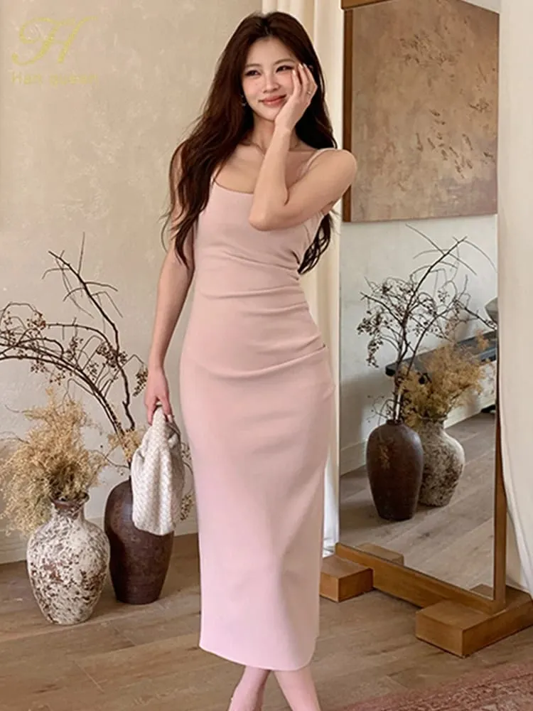 H Han Queen Summer New Office Women Sheath Pencil Dress Sexy Sleeveless Straps Simple Slim Party Holiday Prom Casual Dresses