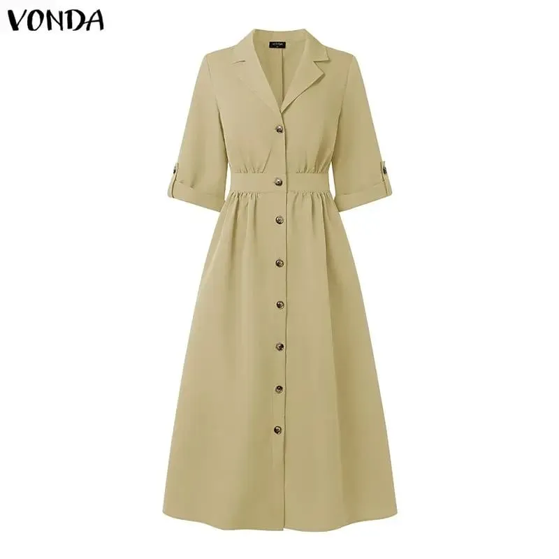 Summer 3/4 Sleeve Women Dress Fashion Sundress OL Work Shirt Dresses Streetwear Solid Color Vestidos Oversize S-3XL