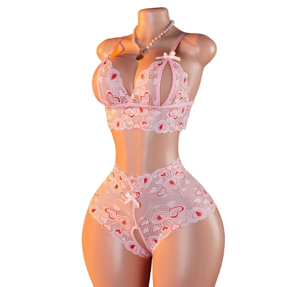 Pink Lace Open Brassiere Crotchless Panties Sexy Lingerie Female Sling Seductive Women's Fetish Transparent Underwear Sets