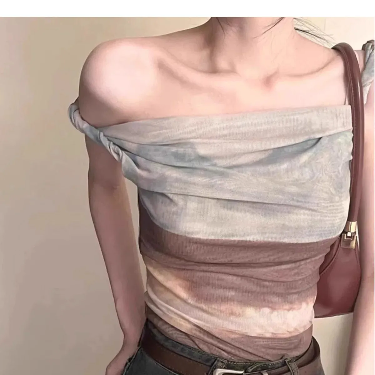 Irregular Net Strap Dyed Off-Shoulder Top for Women Summer American Print Vest Fashionable Versatile Sexy Fitted Short Style — image 6