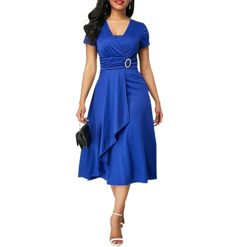 We.Fine Dress Women Solid Color Short Sleeve V Neck Asymmetric Hem Waist Midi Party Dress Elastic Female Dresses Woman Vestidos