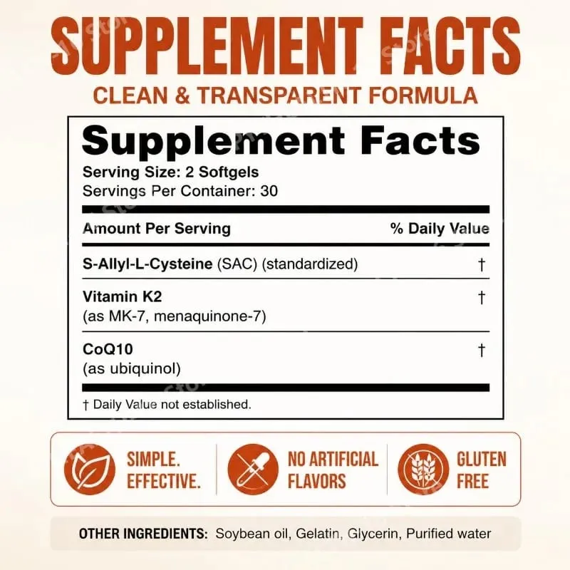 Aged Odorless Garlic Softgels with CoQ10 Ubiquinol & K2 Blood Pressure Heart & Circulation Support Cholesterol 60 Softgels