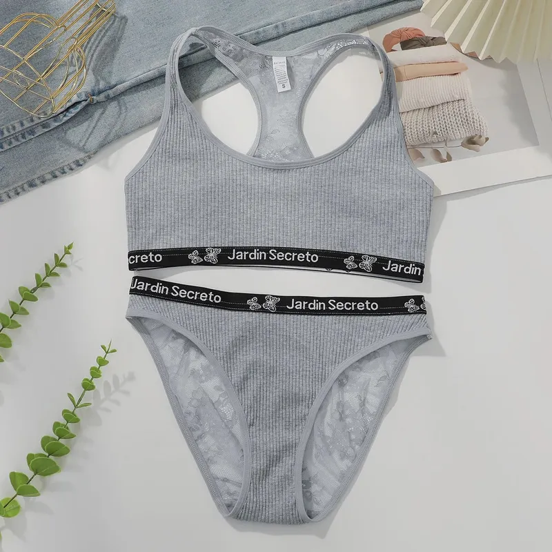 without chest cushion Grey lace elegant no steel ring sexy sports suit yoga women's casual underwear set C3472