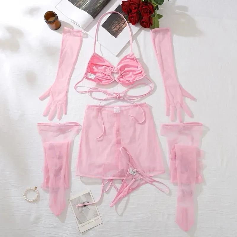 Lingerie Ultra Sexy Halter Bra Drawstring Pleated Attractive Suspenders Romantic Butterfly Cut Out Stocking Gloves
