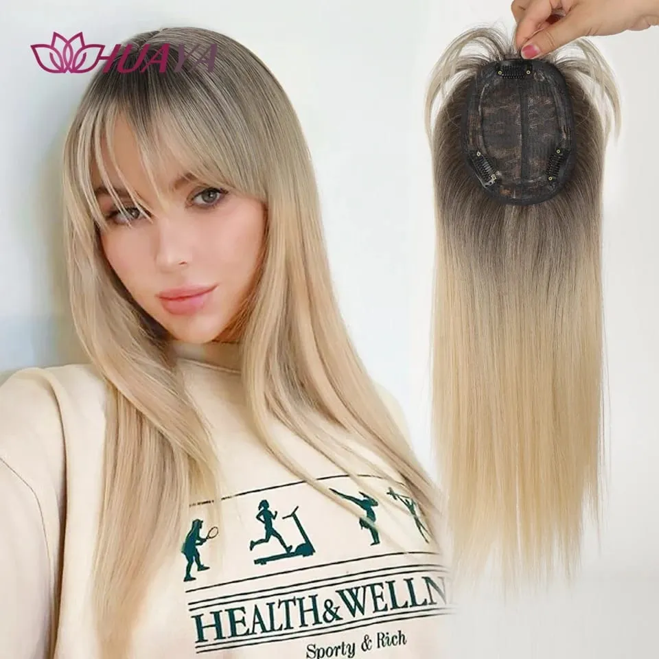 Synthetic Ombre Dark Root Golden Toppers Wig Hair Piece for Women Heat Resistant Cilps in Hair Extensions Invisible Clourse Clip
