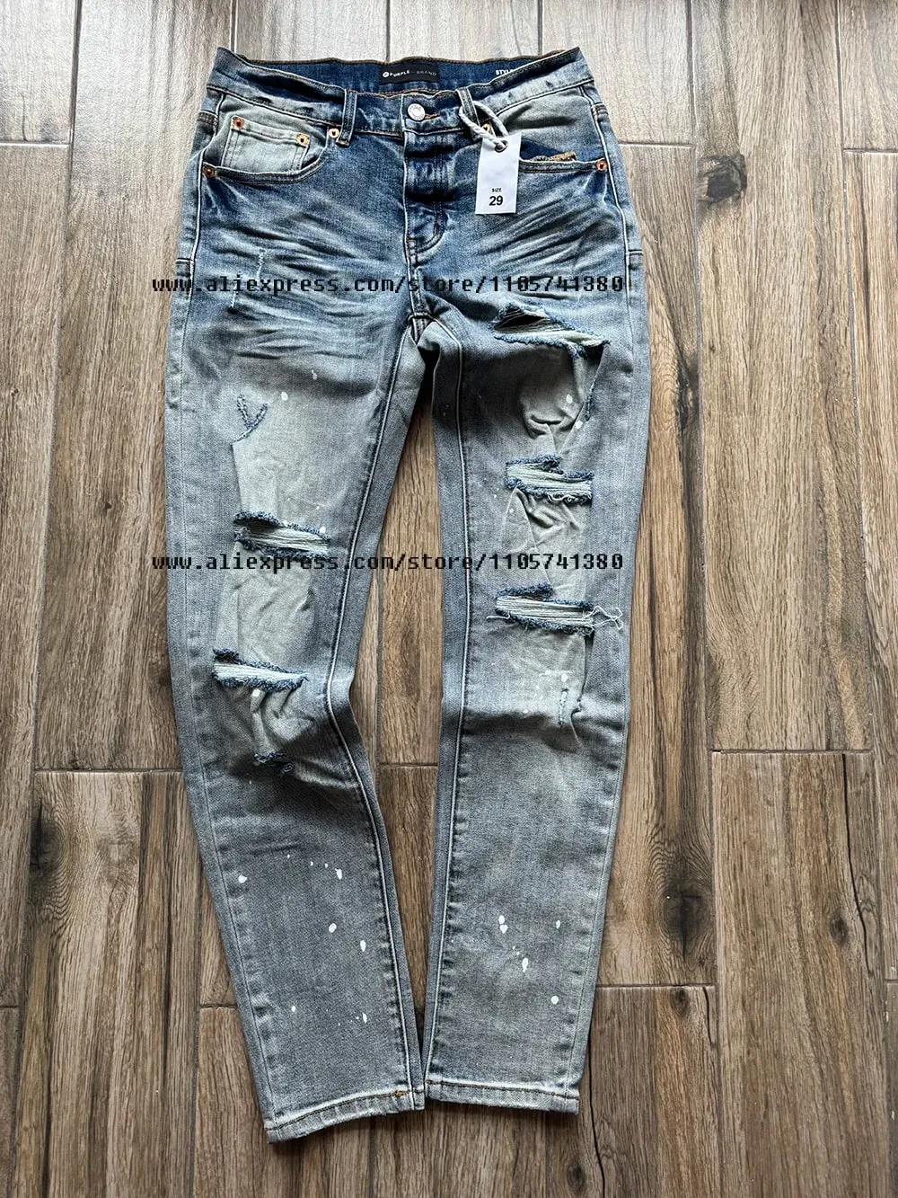 American High Street Quality Distressed Washed Light Blue Destroyed Holes Stretch Skinny & Slim Fit Spray Painted Ripped Jeans