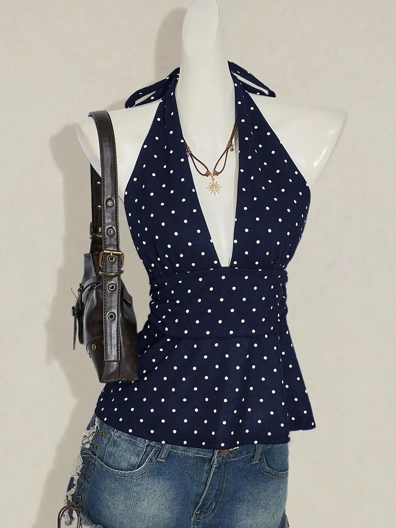 Ladies Polka Dot Backless Strap Top with Waist Pleating Design Adjustable Neck Strap Backless Strap Ladies Shirt