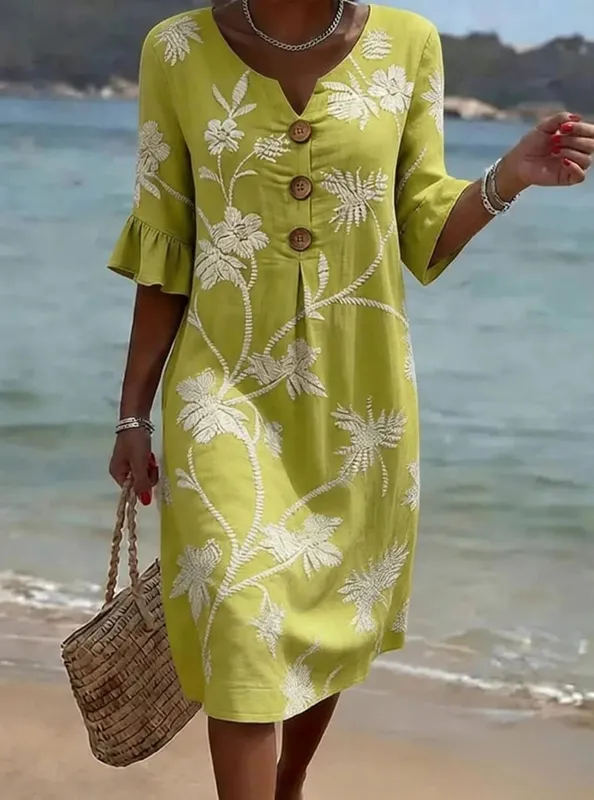 Summer Woman Dress V Neck Button Front Dresses Loose Fit Casual Dress Ruffle Sleeve Floral Dress Vine Pattern Women's Embroidery