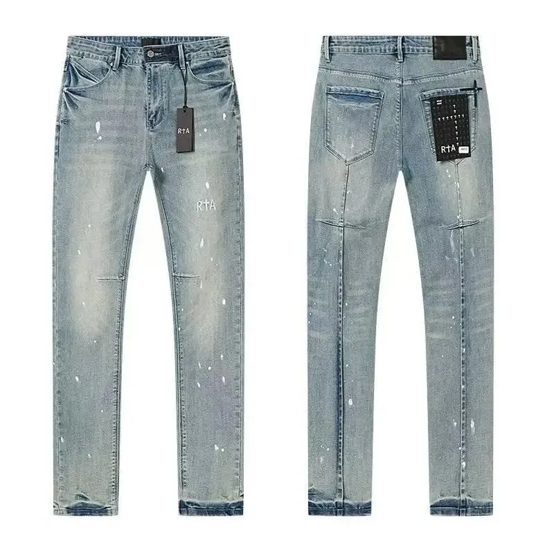2026 RTA Men's Slim Fit Jeans Collection Distressed Ripped Paint Splatter Studded Patch Vintage Washed Streetwear Fashion Pants