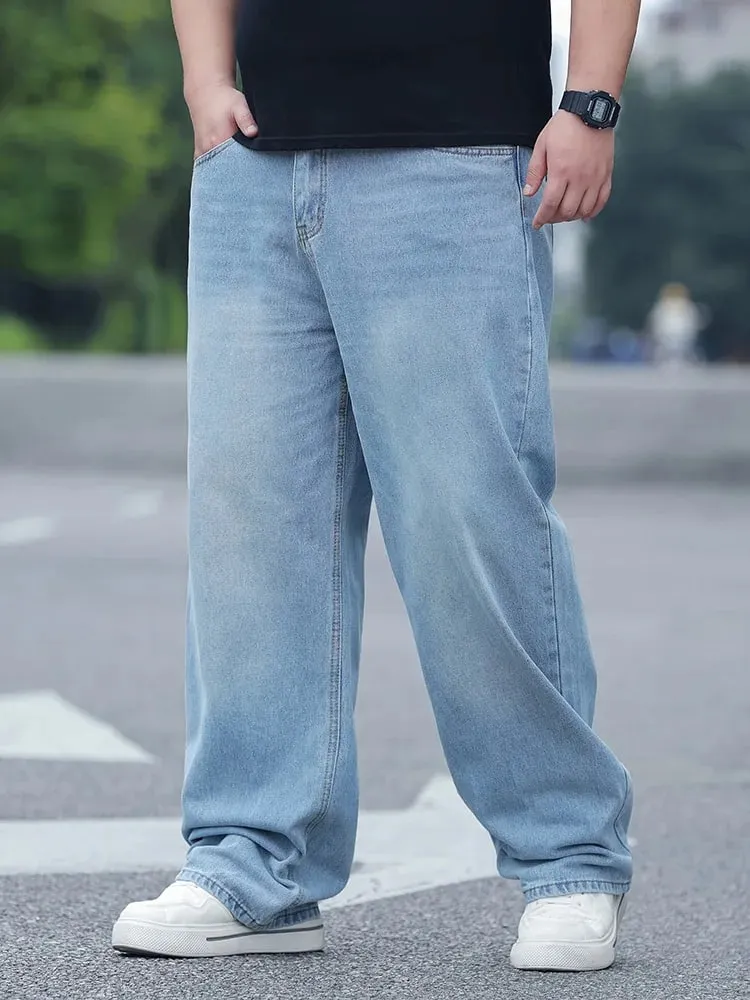 Plus Size Men's High Waist Straight Leg Jeans Four Seasons Loose Baggy Denim Trousers Casual Versatile Long Pants New