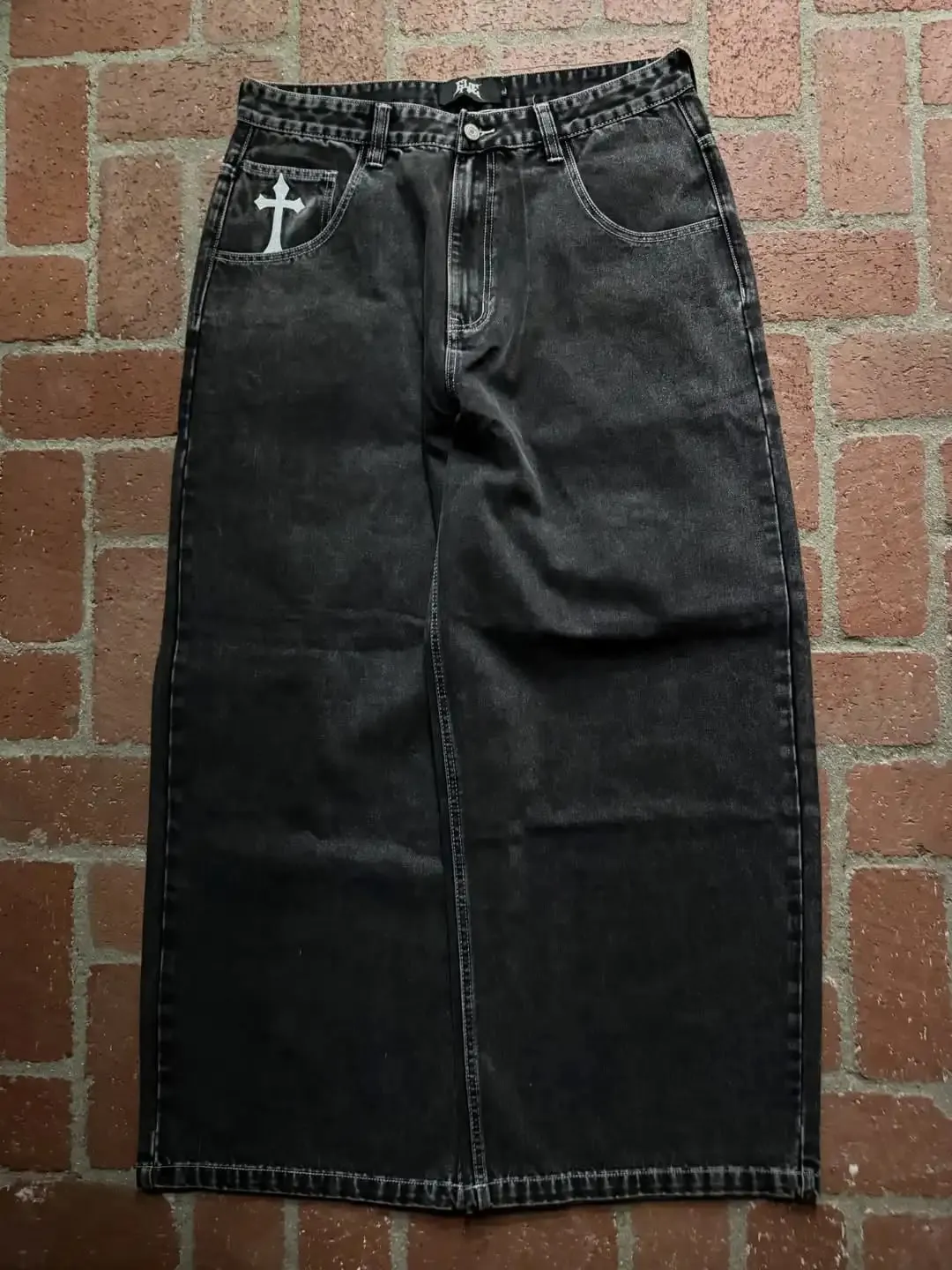 Men Gothic Cross Print Black Denim Baggy Pants Mid Waist Big Pocket Design Loose Fit Hip Hop Streetwear Jeans for Daily Casual