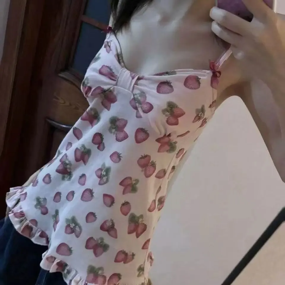 Cute Women Spaghetti Strap Tank Top Strawberry Pattern Bow Ornament Ruffle Hem Slim Sweet Cottagecore Daily Cami Top
