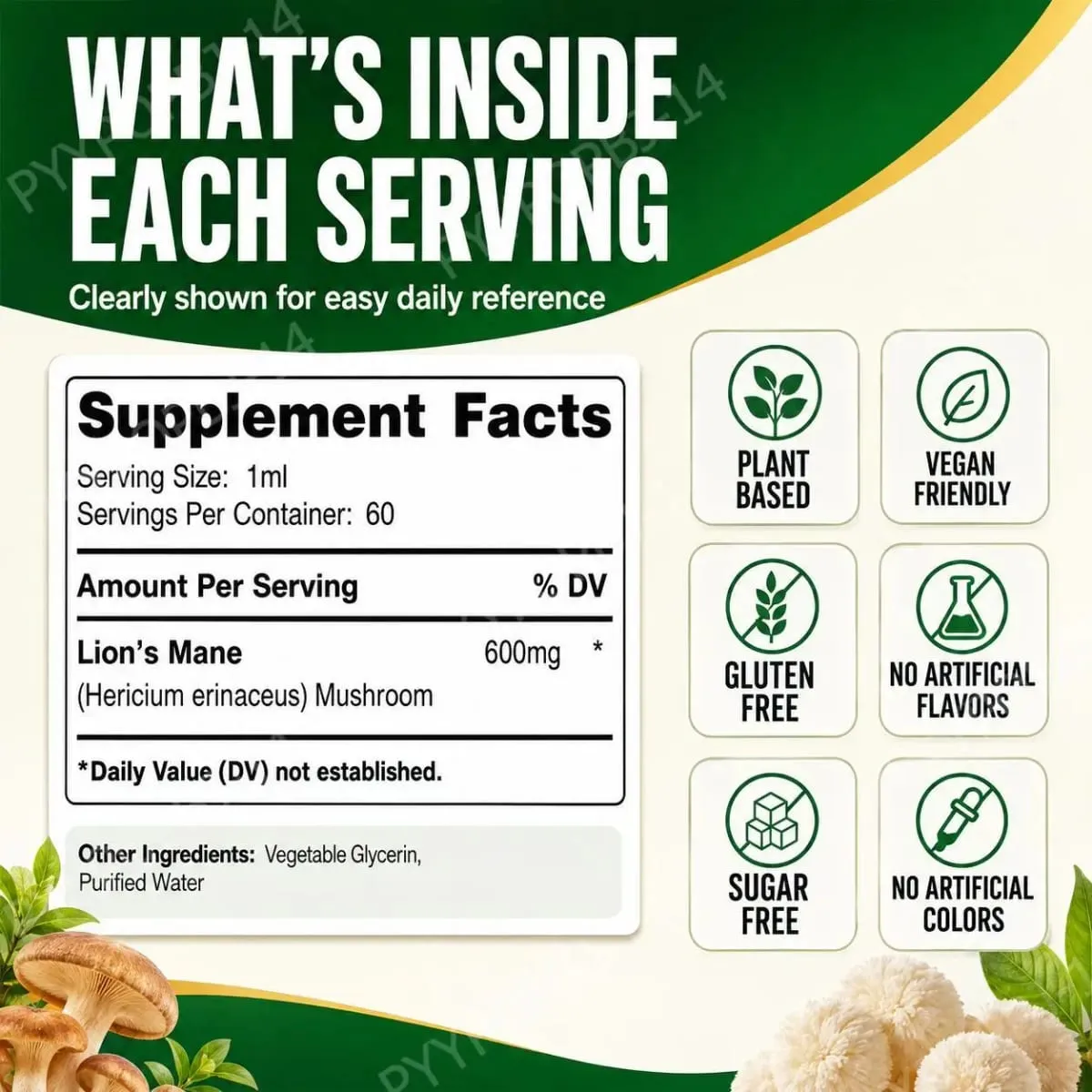 Lion's Mane Mushroom Tincture Liquid Brain & Immune Support and Gastrointestinal Health Support Lion's Mane 600 Mg 60 ML