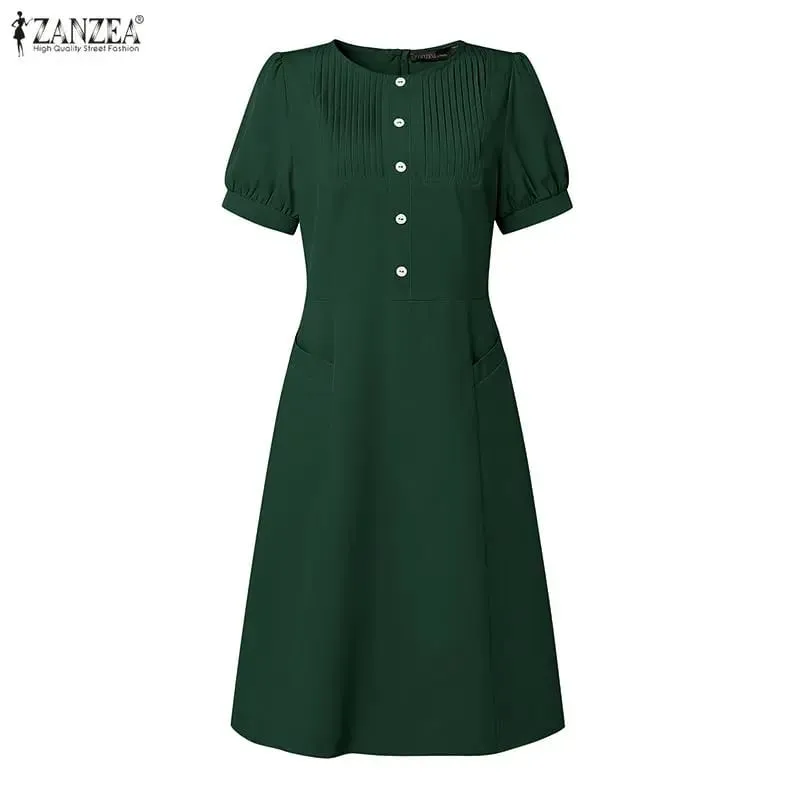 Summer Pleated Women Dress Fashion ZANZEA Solid Vestidos Short Sleeve Sundress OL Work Streetwear Party Knee Length Dresses