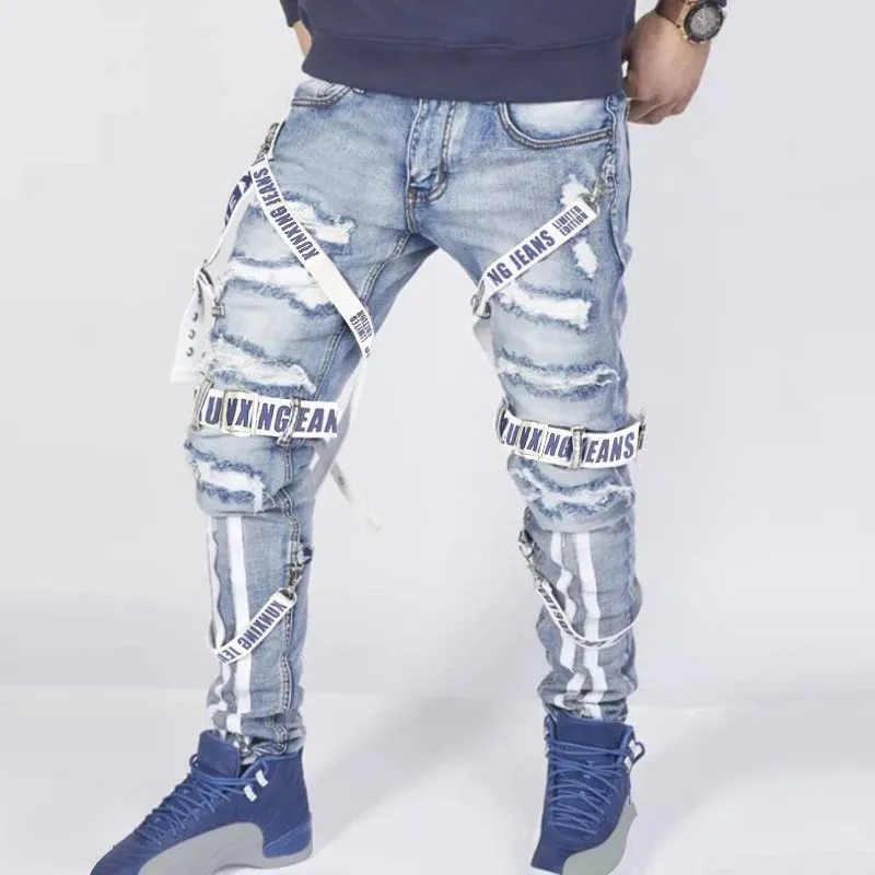 Men's jeans slim fit motorcycle straps blue denim trousers washed blue cut holes multi-craft hip-hop streetwear daily men Pants
