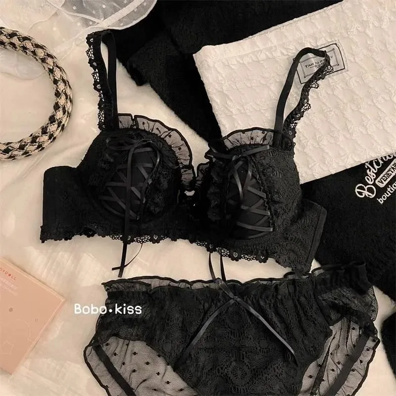 Princess Lolita Bra Set Pure Lust Lace Sexy Gathering Anti-Sagging Sweet Court Style Comfortable Underwired Girl Bra Set