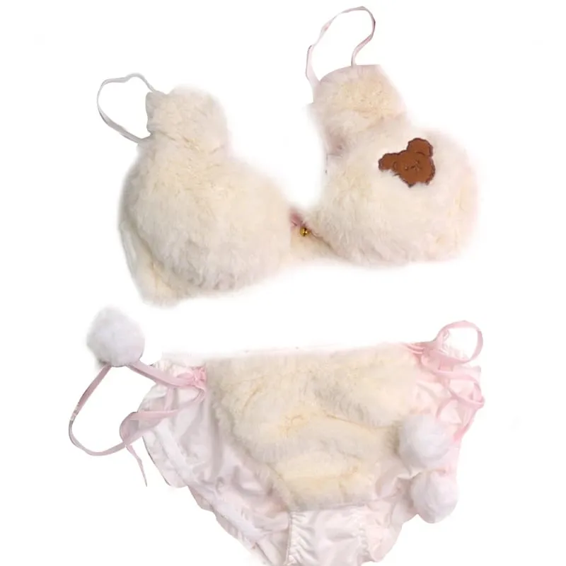 Womens Lolita Kawaii 2pcs Bra Panty Set Cute Bear Embroidery Fluffy Faux Fur Underwire Underwear Plush Ball Bow Japanese Anime L