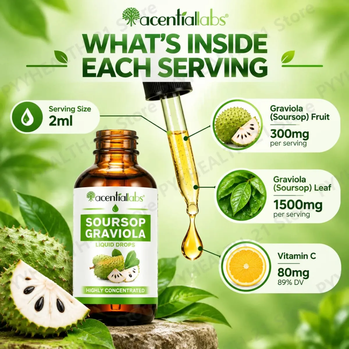 AcentiLabs Soursop Graviola flydende dråber C-vitamin understøtter fordøjelsessundhed Immunsystem Frie radikaler forsvar 60 ml til voksne